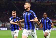 Edin Dzeko, Nicolò Barella, Denzel Dumfries Milan-Inter